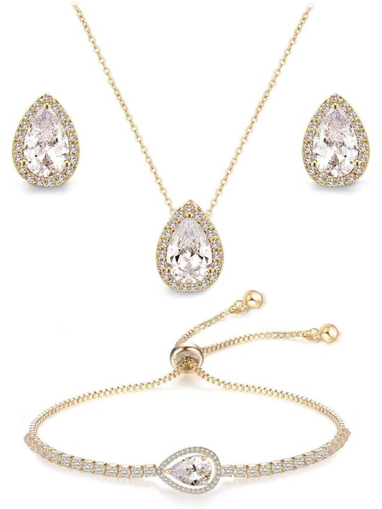 Jewelry - Cubic Zirconia Teardrop Earrings Necklace Bracelet Jewelry Set For Bride Bridesm